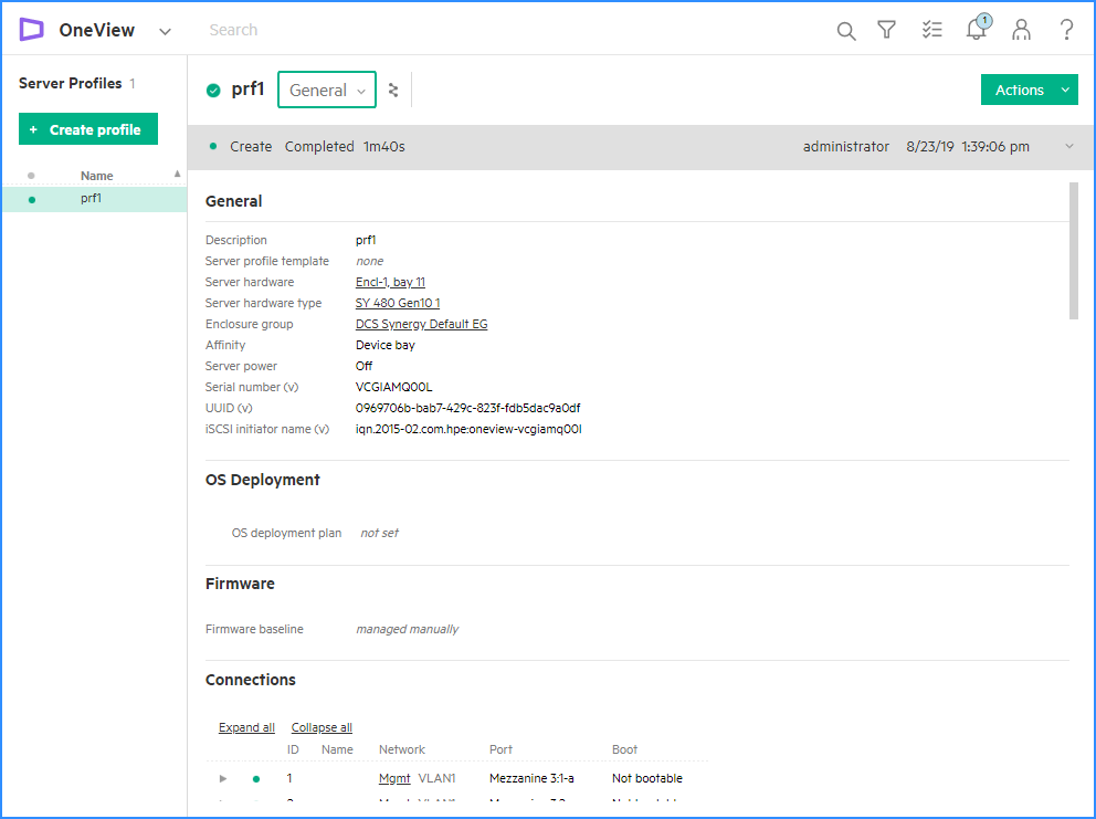 Server profile resource created by the HPE OneView graphical user interface (GUI).