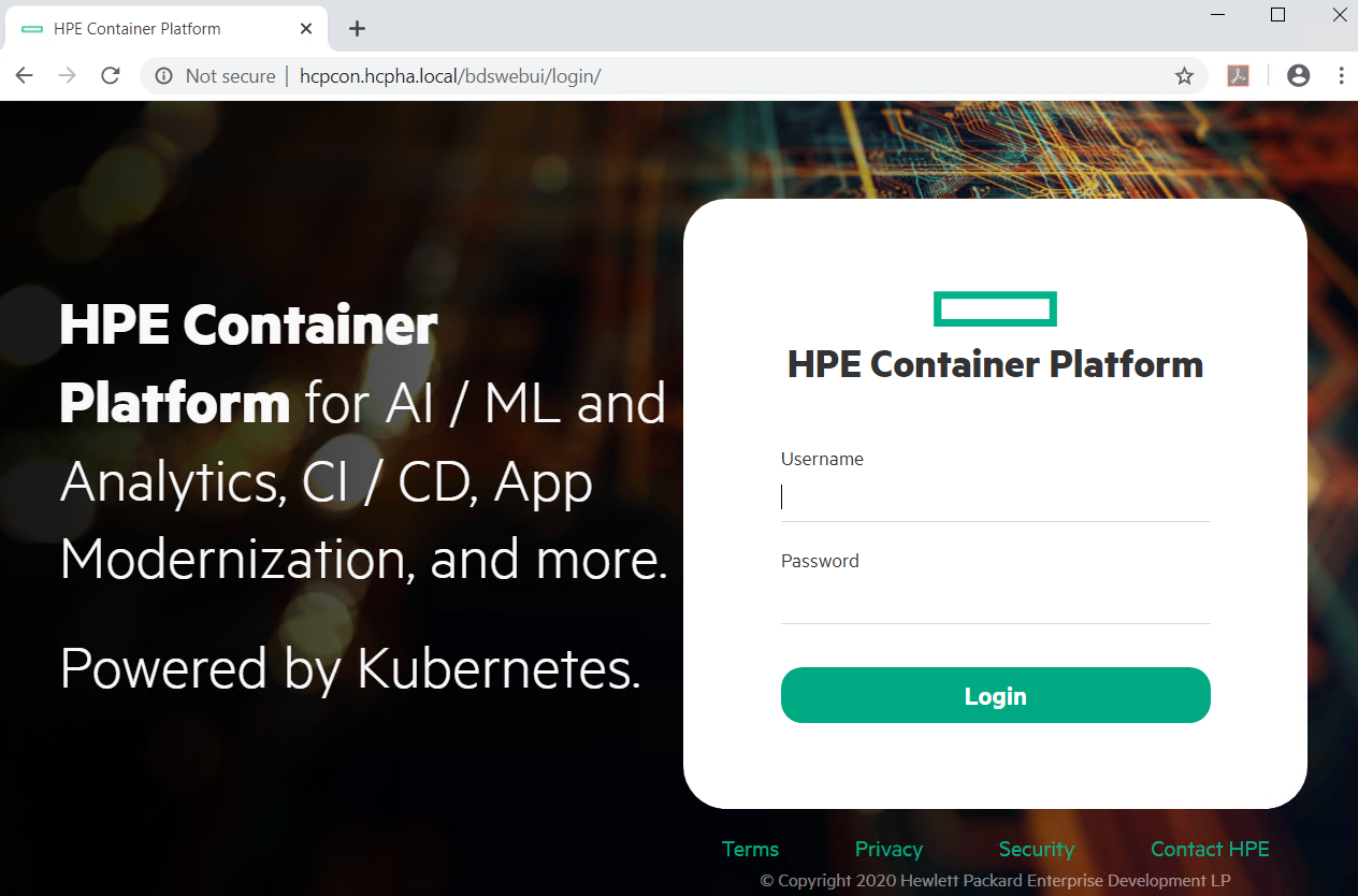 Login screen of HPE Ezmeral Container Platform