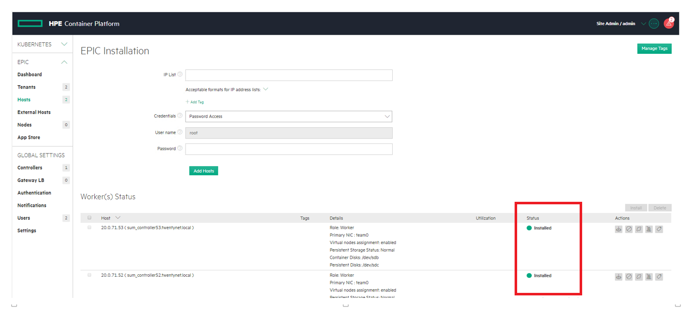 Installation status after adding the new host on HPE Ezmeral Container Platform