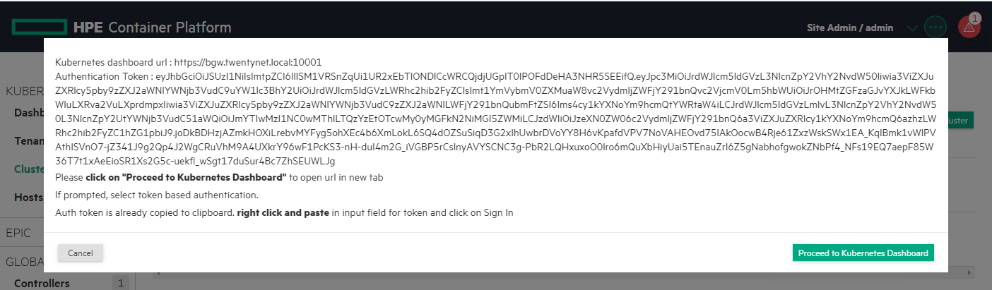 HPE Container Platform launching Kubernetes Dashboard- Auth Token