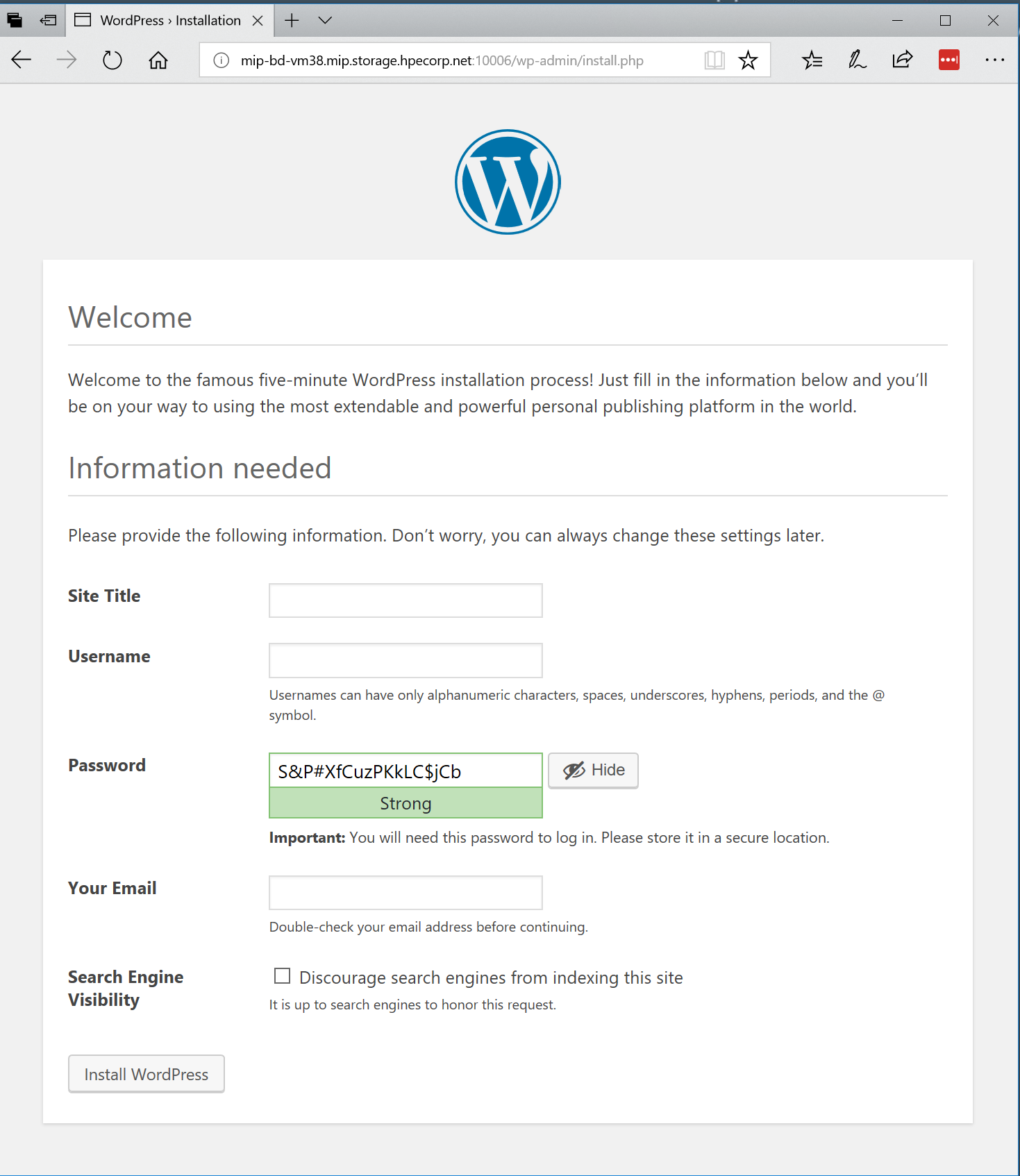 WordPress welcome page 